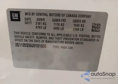 2018 Chevrolet Impala 1Lt z USA, uszkodzony, nr VIN 2G1105S39J9101868